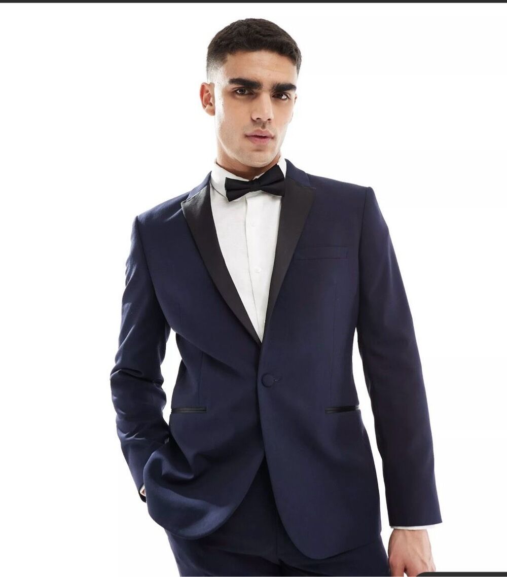 ASOS Men’s Velvet Blue and Black Skinny Fit Suit Jacket and Bow Tie 38 Long